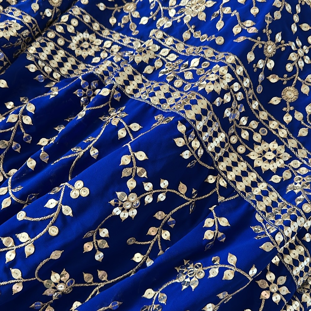 Royal Blue and Gold 3-Piece Lehenga for Indian Wedding Guest with Can Can - Picture 7 of 9
